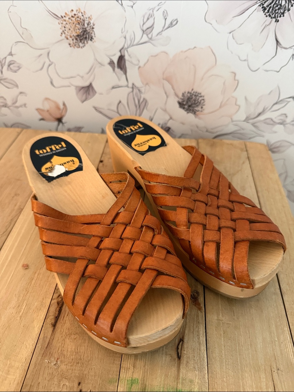 Swedish Hasbeens Tan Woven Leather Slide Clogs